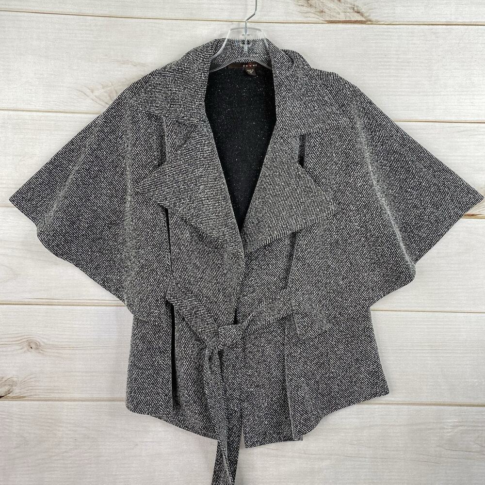 Fever Cardigan Jacket Women M Black White Belted Poncho 1/2 Sleeve Dressy Casual